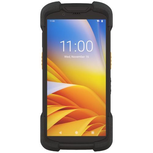 Smartphone in a black rugged protective case displaying a colorful home screen