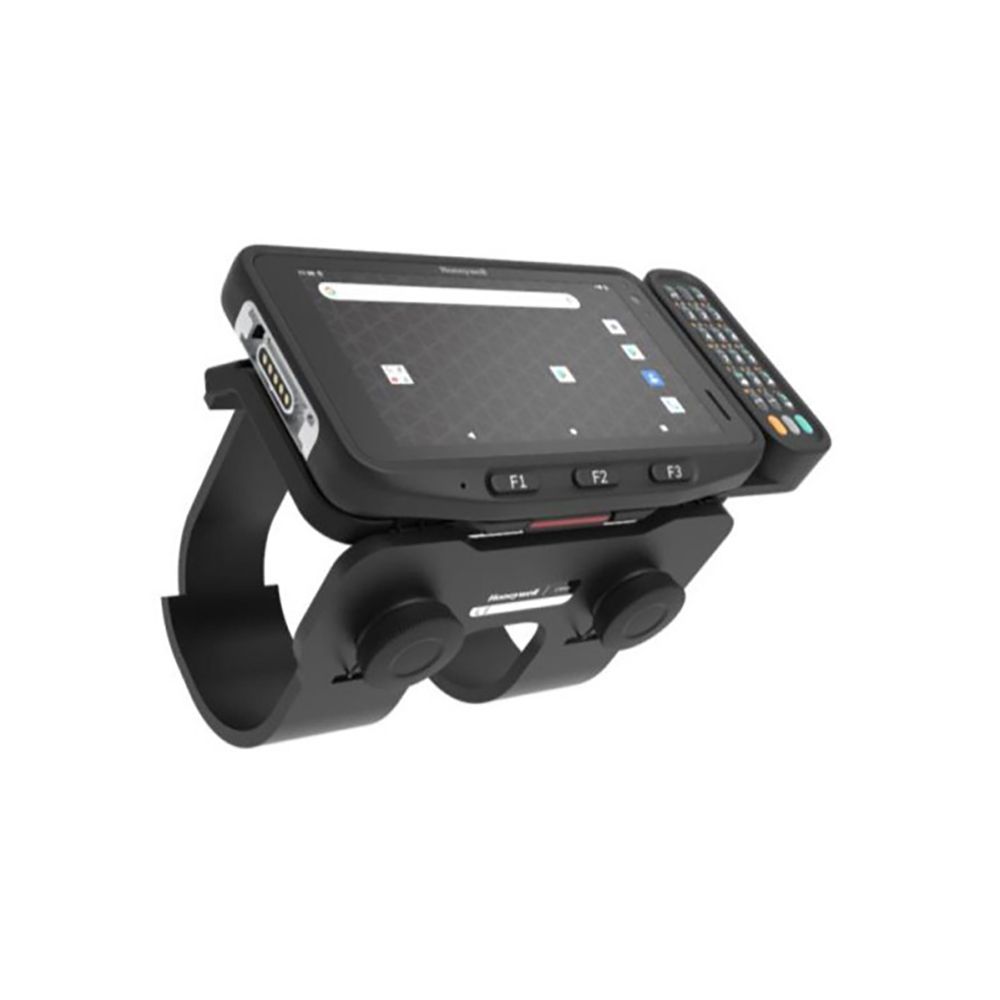 Black handheld touchscreen device mounted on a suction cup bracket, with a small remote attached on the right