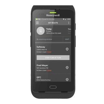 Honeywell handheld scanner showing a dark route app with stops and map pins