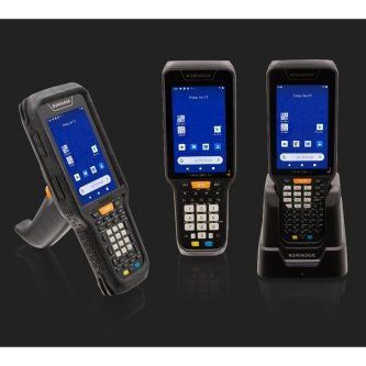 Three rugged handheld barcode scanners with blue screens and keypad cradles on a black background