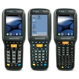 Three rugged handheld barcode scanners, two with black screens and one showing a blue menu screen.