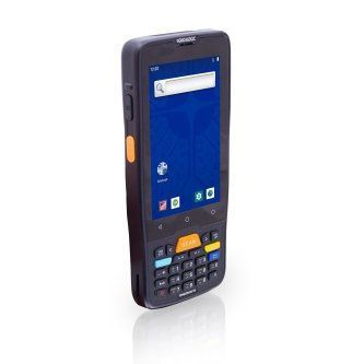 Black handheld mobile device with touchscreen and physical keypad, shown angled on a white background