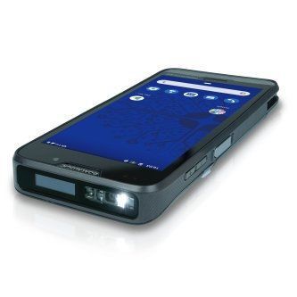 Rugged handheld smartphone with a blue screen and bright front flashlight on a white background