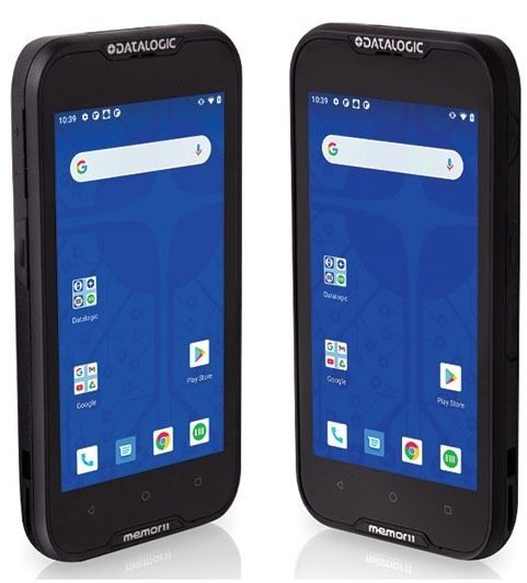 Two rugged black handheld tablets with blue home screens, shown side by side on a white background