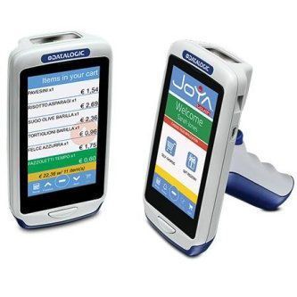 Two handheld payment terminals with touchscreens, one facing front and one angled side view.