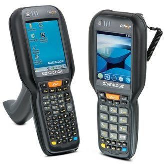 Two rugged handheld barcode scanners with small screens and keypads, shown front-facing on white background