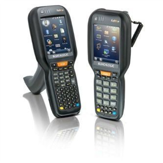 Two rugged handheld barcode scanners with keypads and screens, standing side by side on a white background