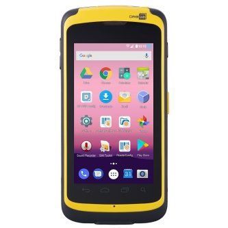 Yellow rugged smartphone with a pink app screen and black bezel