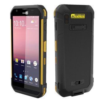 Rugged black-and-yellow smartphone case shown front and back with a phone inside and a plain white background
