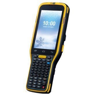 Yellow rugged handheld smartphone with physical keyboard, shown open on a white background