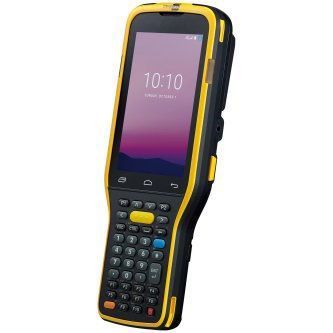 Rugged yellow-and-black smartphone with a physical keyboard on a white background