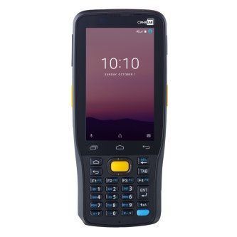 Rugged handheld mobile scanner with small touchscreen and keypad, displaying 10:10