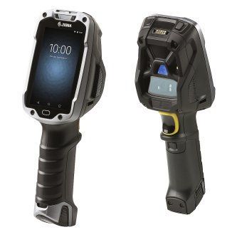 Two black handheld industrial scanners shown front and back, with a screen and trigger grip.