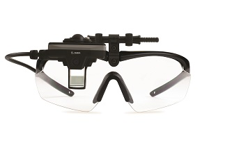 Black over-the-glasses safety glasses with clear lenses and a mounted device on top