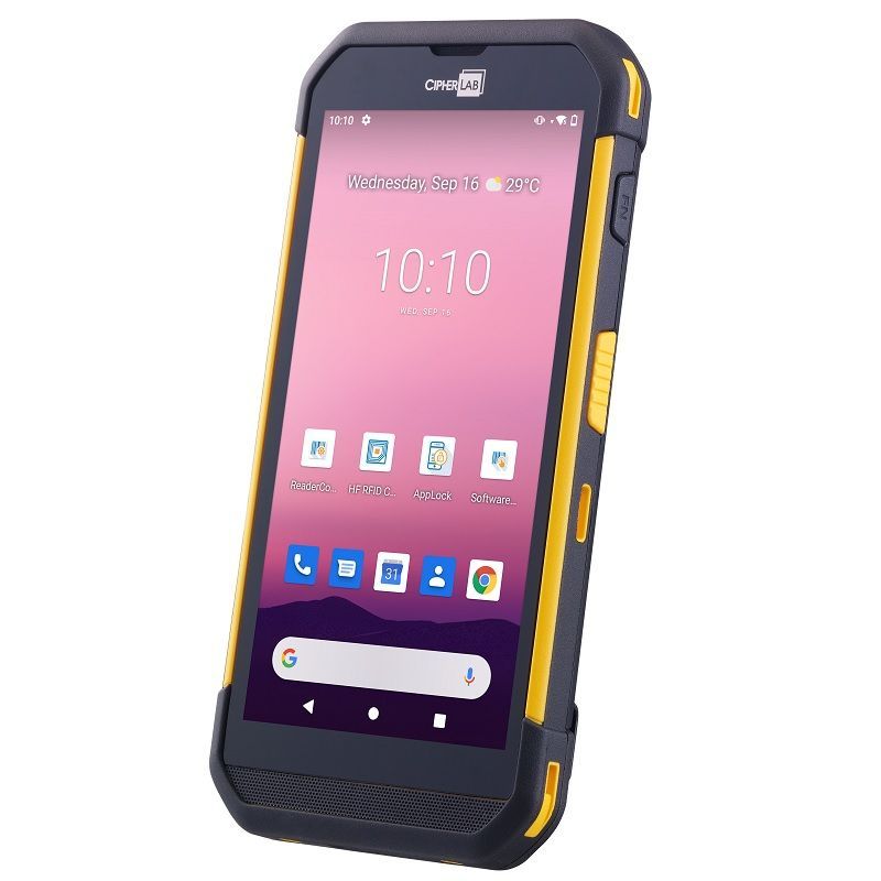 Rugged black-and-yellow smartphone with pink home screen displayed at an angle.