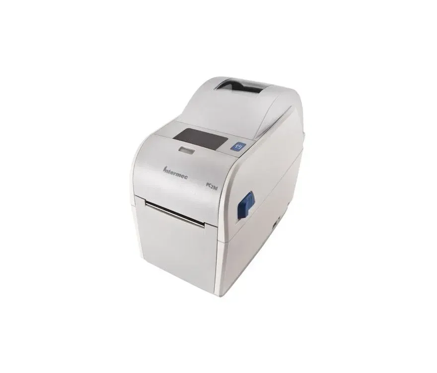White desktop label printer with paper loaded and a small display panel