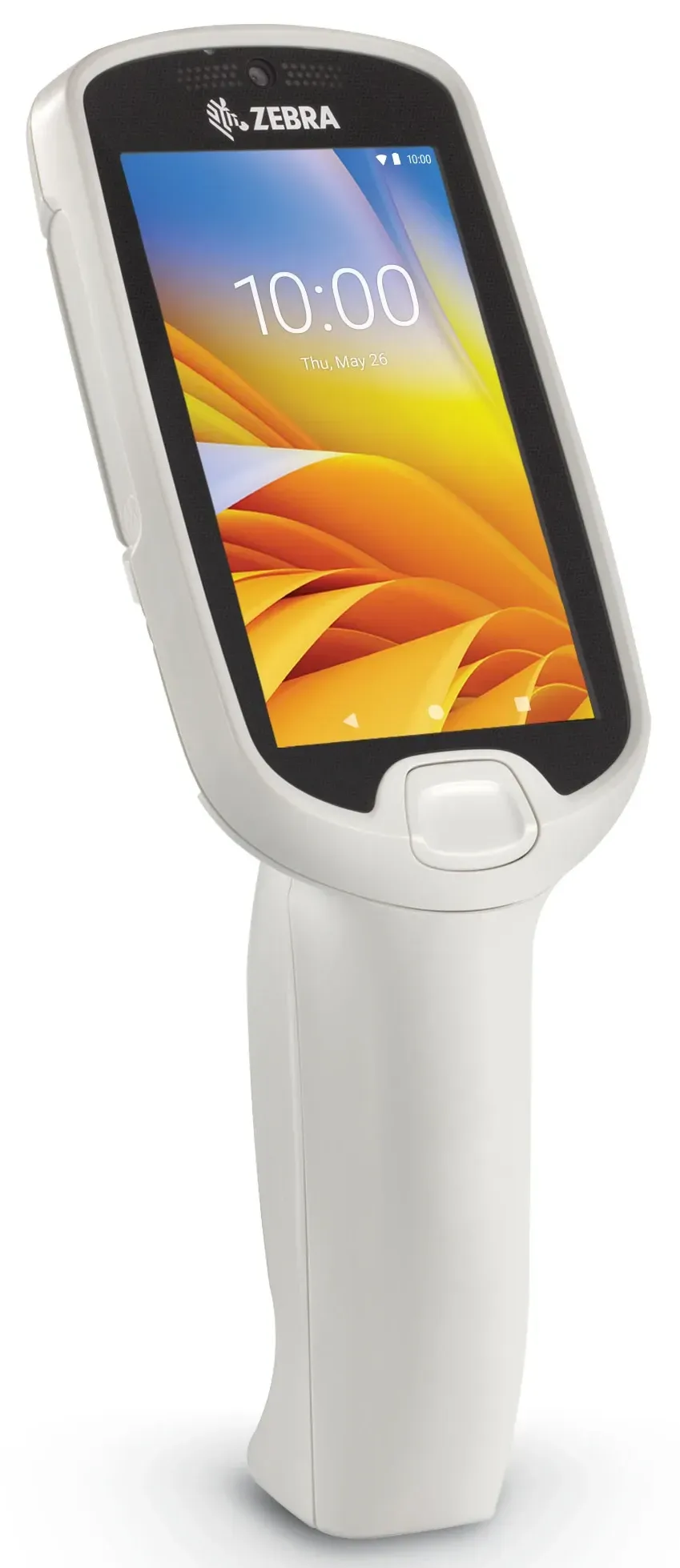 Handheld barcode scanner with a touchscreen display and white handle on a plain background