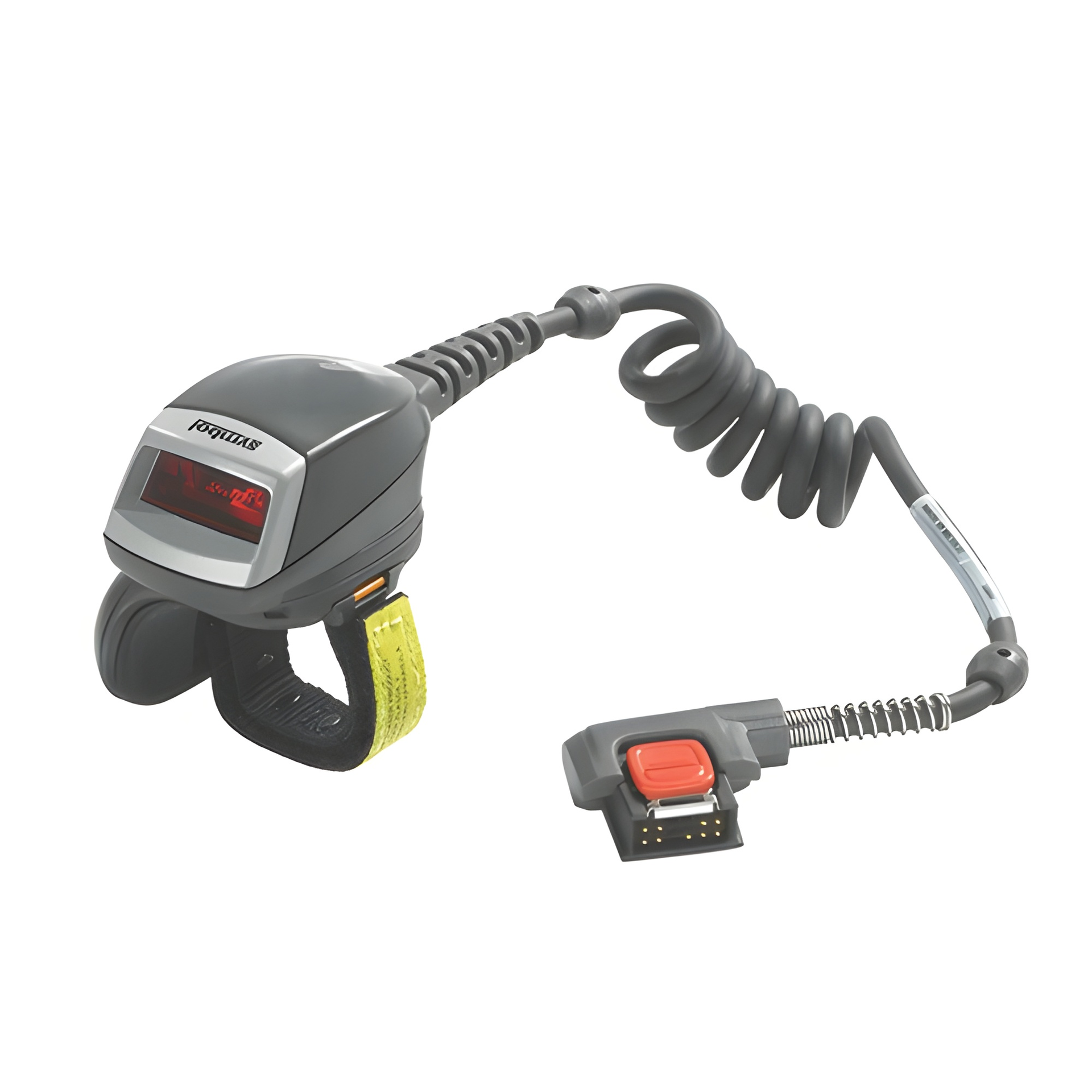 Handheld barcode scanner with coiled cable and red trigger button on a white background