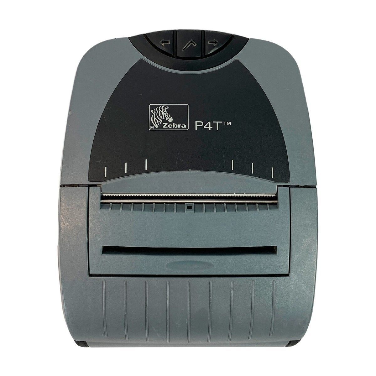 Black and gray handheld label printer with paper feed slot and buttons on top