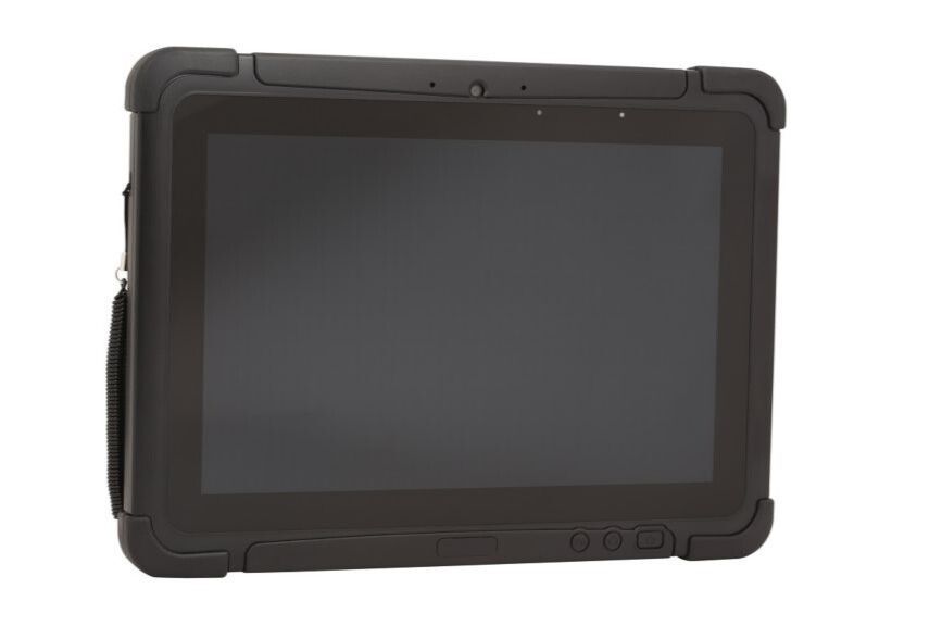 Black rugged tablet with a blank screen and protective case on a white background