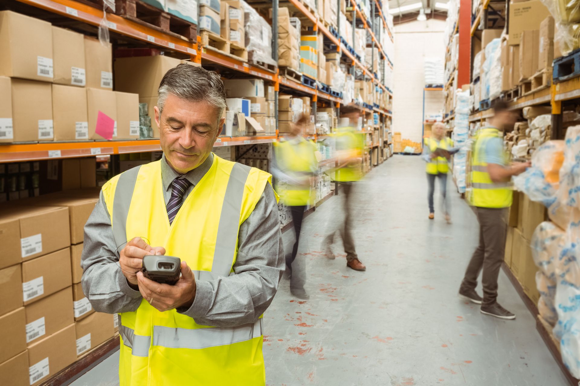 Warehouse worker in a yellow safety vest using a handheld device in an aisle of stacked boxes