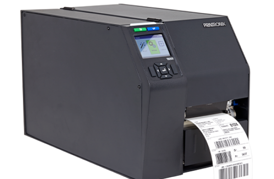 Black industrial label printer printing a barcode shipping label