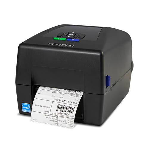 Black shipping label printer printing a label, with a small display and buttons on top