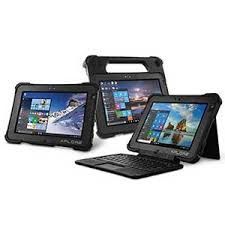Three rugged tablet computers in black cases, one with a keyboard attached