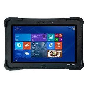 Rugged black tablet showing the Windows 8 Start screen with colorful app tiles