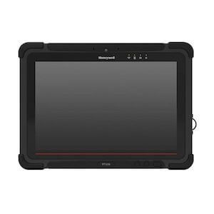 Black Honeywell rugged tablet with blank screen, rubber corner bumpers, and side handle on a white background