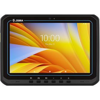 Zebra rugged tablet with yellow screen and black protective frame on a white background