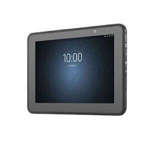 Gray tablet with a dark screen showing 10:00, angled on a white background