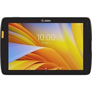 Zebra handheld tablet in black case displaying a yellow-orange abstract screen at 10:00