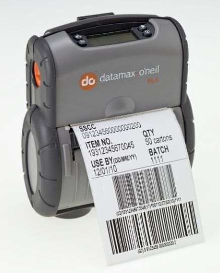 Portable black Datamax Oneil label printer printing a shipping label