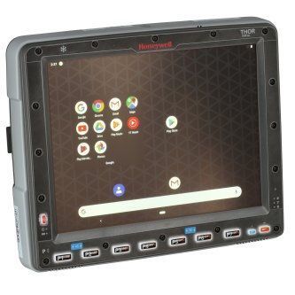 Rugged Honeywell tablet showing an Android home screen with app icons and physical control buttons around the display