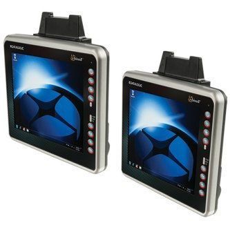 Two black-and-silver portable LCD monitors with blue screens, shown side by side on white.