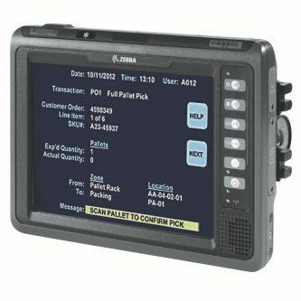 Handheld Zebra warehouse scanner display showing pallet-pick details and a scan prompt