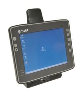 Zebra touchscreen tablet in black frame with blue screen on a stand