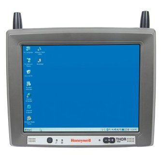 Gray Honeywell THOR industrial touchscreen terminal with a blue desktop screen and two antennas.