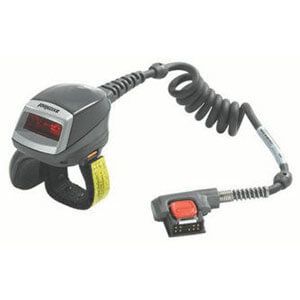 Barcode scanner with coiled cable and handheld trigger, shown on a white background
