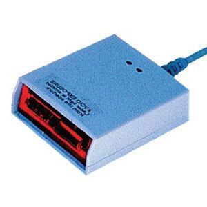 Blue electronic device with a red USB port and attached cable on a white background