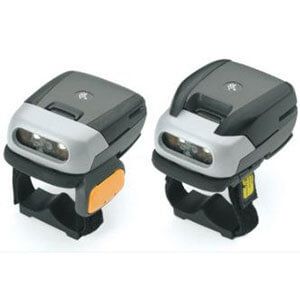Two black and white portable barcode scanners with wrist straps, shown side by side