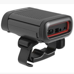 Black clip-on camera with red front trim and strap mount on a white background