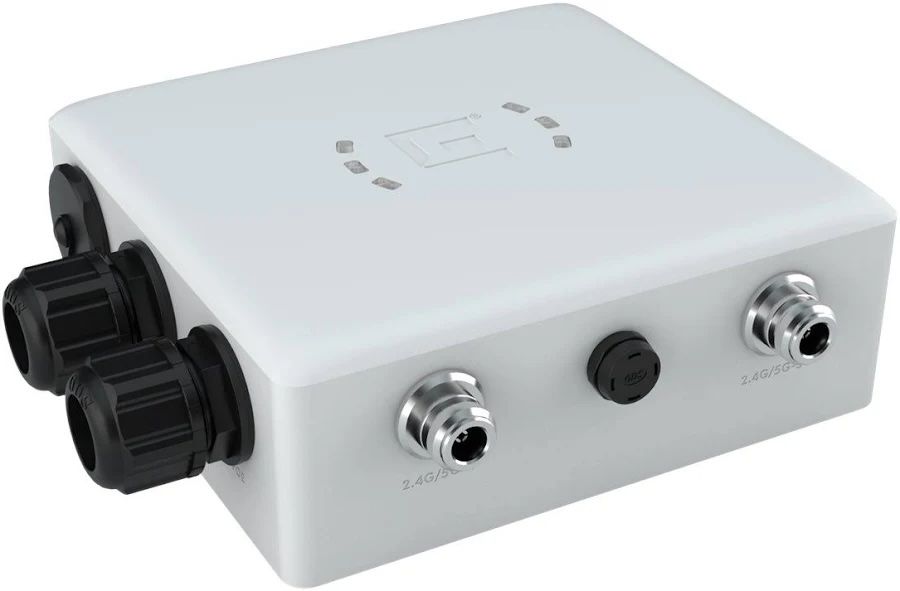 White electronic junction box with black cable glands and metal connectors on a plain background