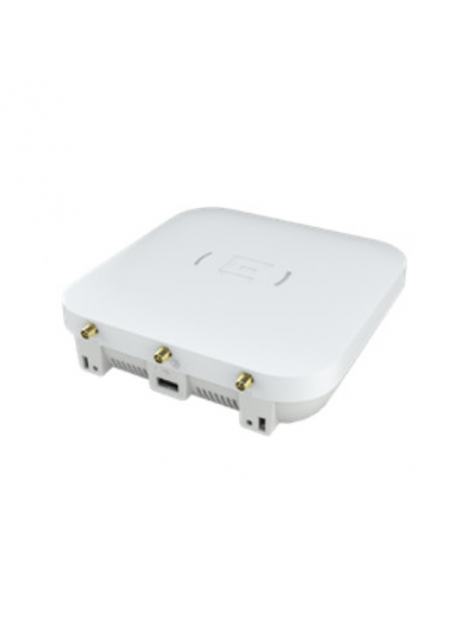 White wireless network access point with three gold antennas on a plain background