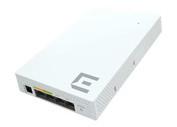 White electronic device with perforated sides and front ports, shown in perspective on a white background