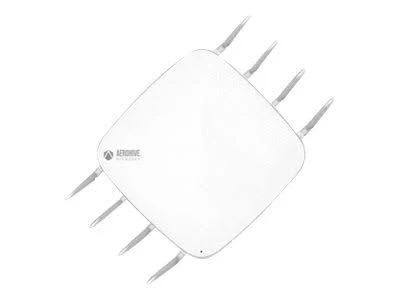 White wireless router with multiple antennas on a plain background