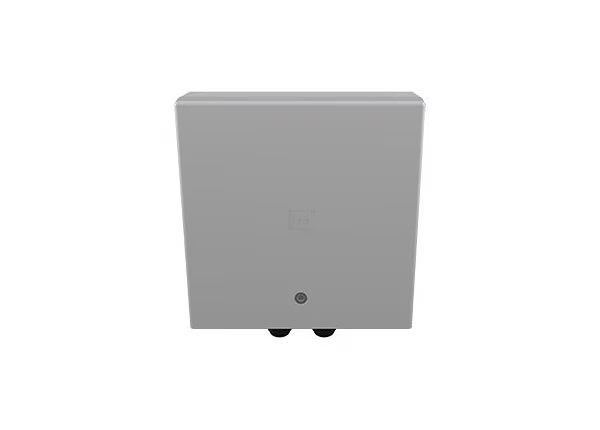 Gray rectangular suitcase or storage box with two small black wheels on a white background