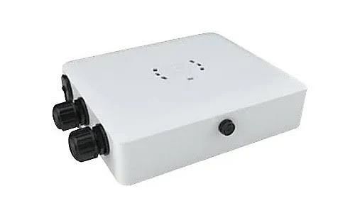 White electronic control box with two black knobs and a side button on a plain background