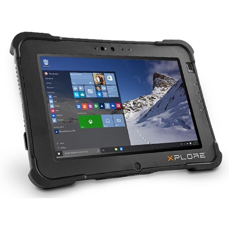 Black rugged Xplore tablet showing Windows desktop with snowy mountain wallpaper